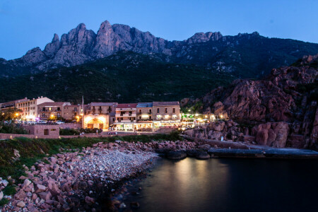 costa, Córcega, Francia, hogar, isla, luces, rocas, piedras