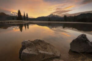 forest, lake, mountains, nature, stones