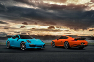 2017, 911, blauw, Carrera, Voorkant, oranje, Porsche, achterkant