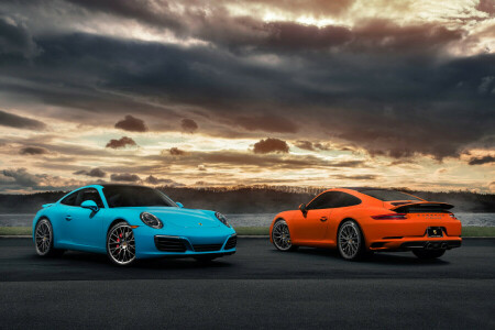 2017, 911, Blau, Carrera, Vorderseite, Orange, Porsche, Rückseite