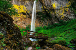 Bridge, Elowah Falls, Oregon, path, rock, stones, USA, waterfall