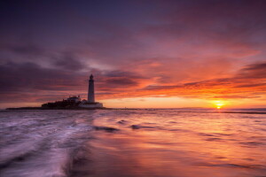 Anglia, Latarnia morska, morze, zachód słońca, Zjednoczone Królestwo, Whitley Bay