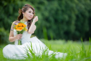 asiatique, fleurs, fille