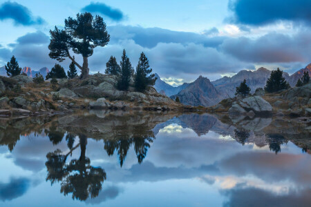 nubes, lago, montañas, reflexión, rocas, piedras, el cielo