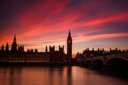 Híd, Anglia, London, Parlament, folyó, Temze, torony