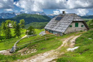 Bohinj, clouds, forest, grass, greens, house, mountains, path