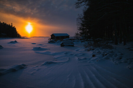 house, night, winter