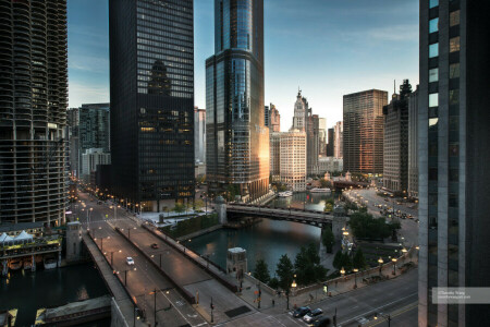 Chicago, Bewegung, Nachtlandschaft, Horizont, Wolkenkratzer, Straße, der Abend, USA