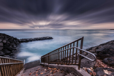 clouds, ladder, pierce, sea, shore, the evening