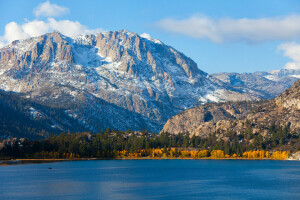 autumn, clouds, lake, mountains, the sky, trees