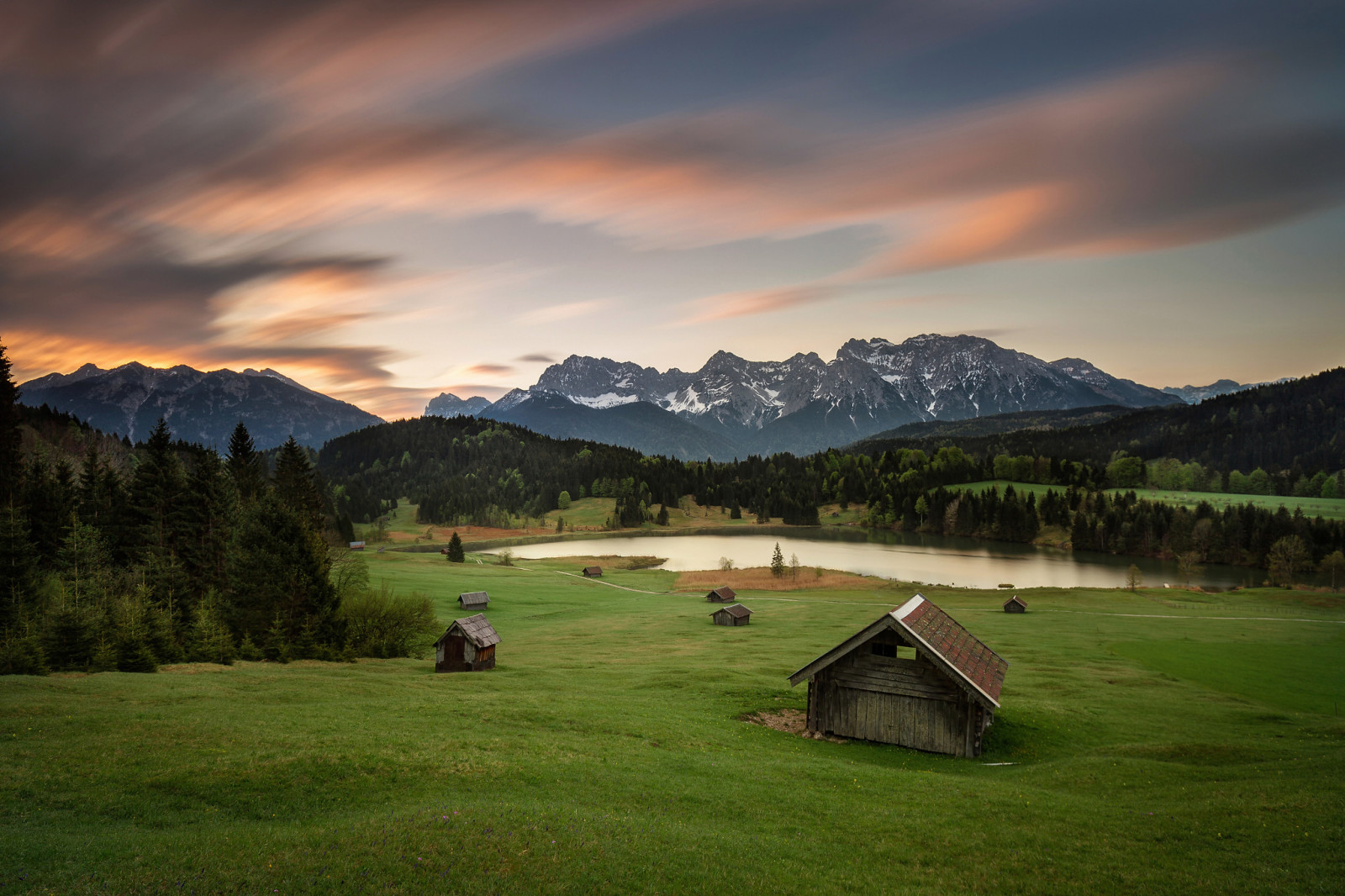 sommer, morgen, fjellene, Tyskland, Bayern, Alpene, hus, enger