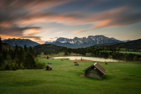 Alps, Bayern, Germany, Houses, meadows, morning, mountains, summer