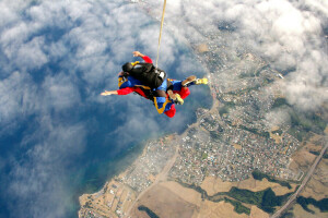 Baai, strand, wolken, Parachute, parachutespringen, rif, skydivers, tandem