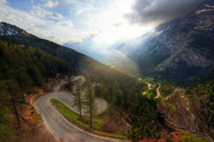 Giù, lungo, montagne, strada, Modo