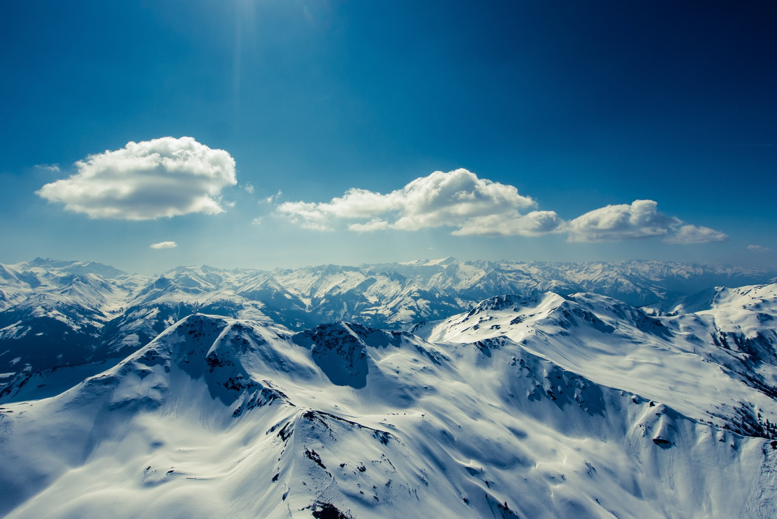 snow, the sky, winter, clouds, mountains, horizon, solar