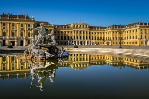 Austria, fontanna, Pałac, odbicie, Pałac Schönbrunn, rzeźba, Wiedeń, woda