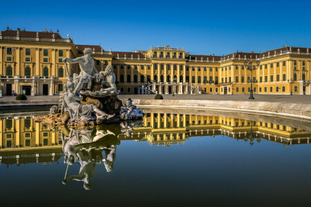 Østerrike, fontene, Slott, refleksjon, Schönbrunn-palasset, skulptur, Wien, vann