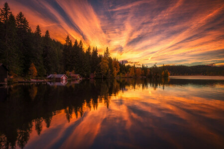 Moradias, panorama, natureza, reflexão, pôr do sol, o céu, árvores, água