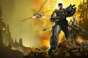 Anya Stroud, armor, Explosions, Fighters, fire, Gears of War, marcus fenix, weapons