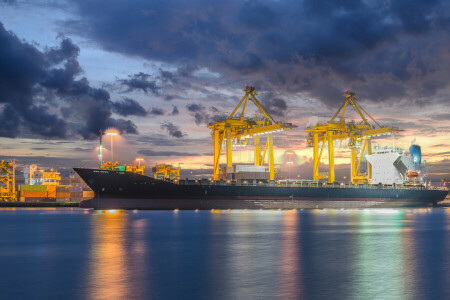 carico, gru, crepuscolo, logistica, nave, cantiere navale