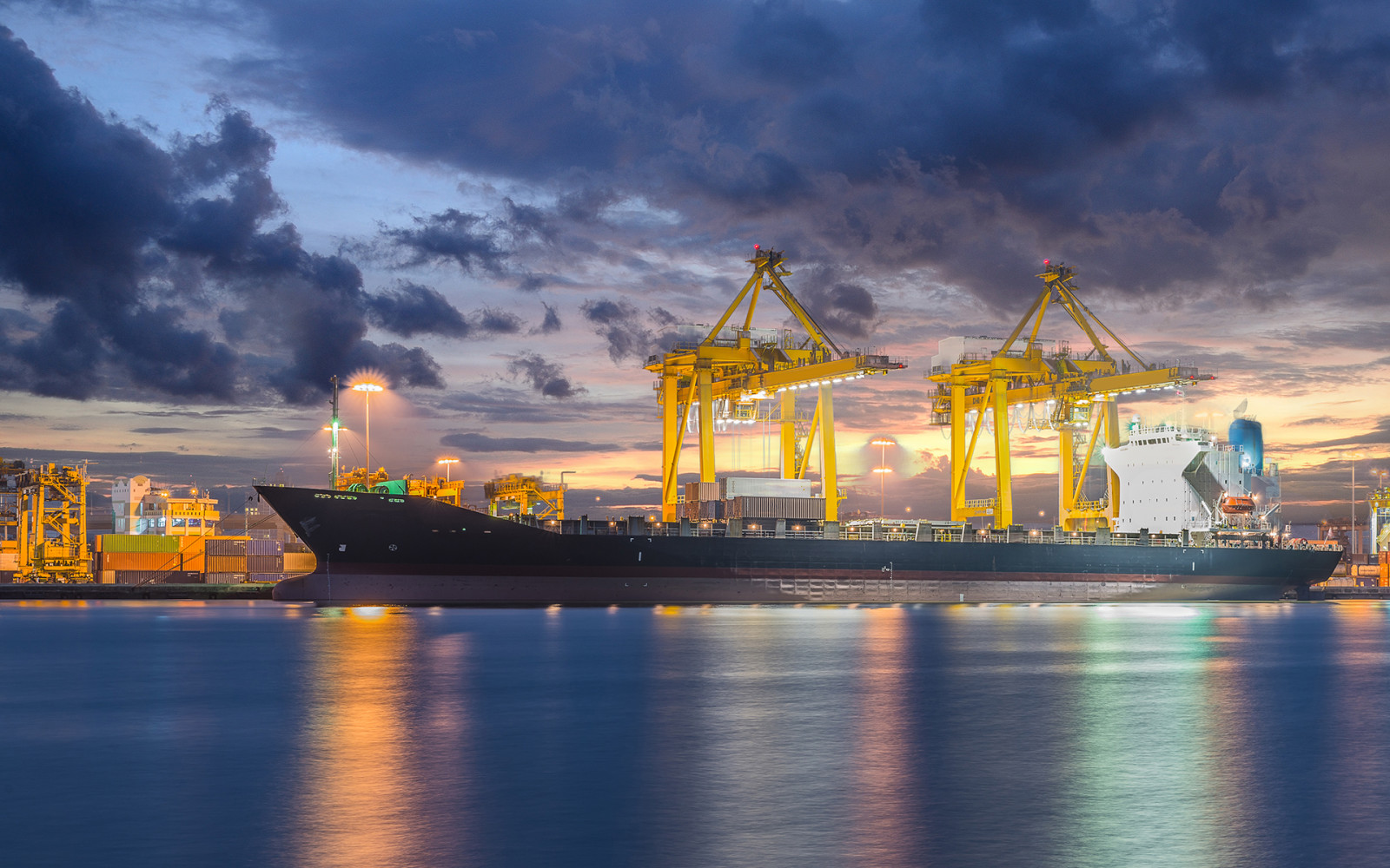 navire, crépuscule, Chantier naval, grue, cargaison, la logistique