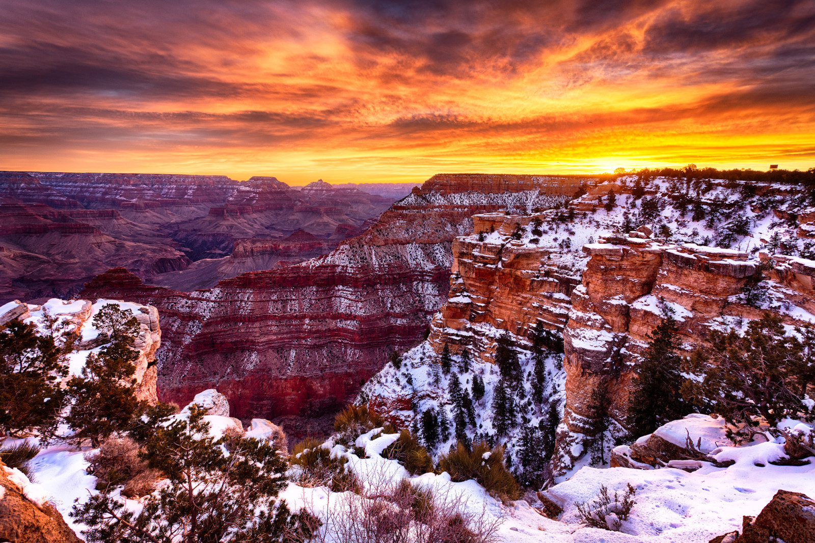 lumi, taivas, auringonlasku, pilviä, Yhdysvallat, kanjoni, Grand Canyon, AZ