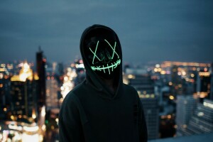 4k ultra hd background, Anonymous, blur, city ​​background, dark, hood, lights, mask