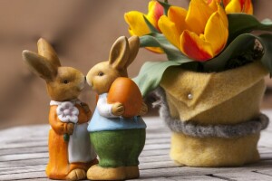 Board, Easter, figures, flowers, holiday, pair, pots, rabbits