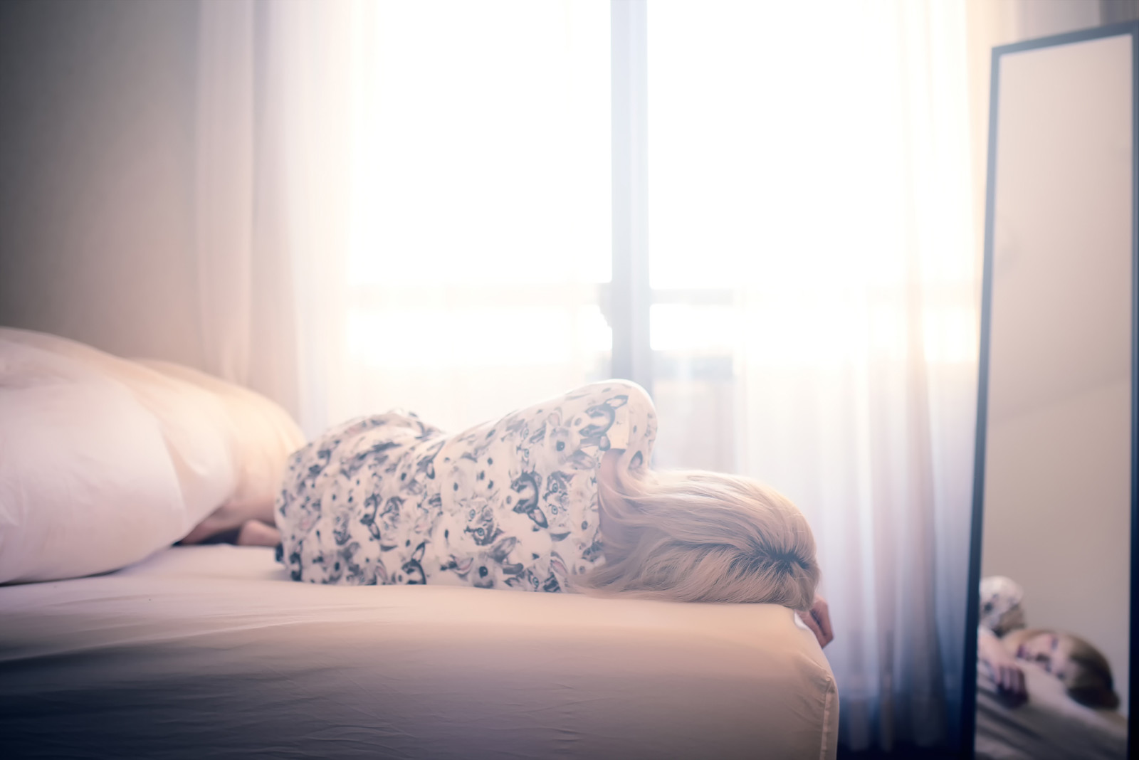 girl, bed, mirror, loneliness