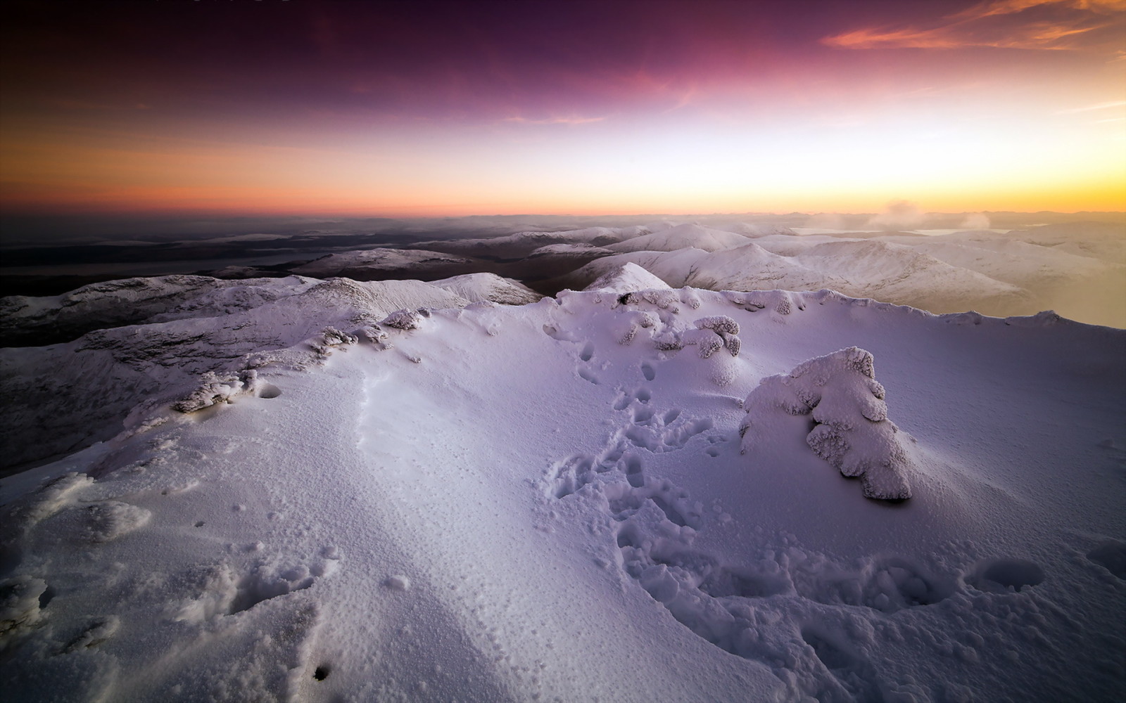 snø, solnedgang, fjellene