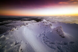 bjerge, sne, solnedgang