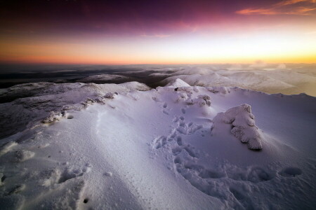 vuoret, lumi, auringonlasku