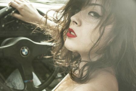 BMW, E30, fashion, girl, lips, peer, The wheel