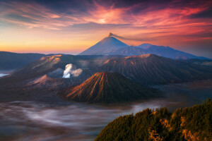 vulcano attivo Bromo, nuvole, nebbia, Indonesia, Giava, mattina, Tengger, il cielo