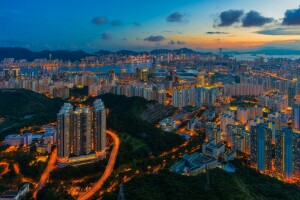 edificio, Cina, Hong Kong, città notturna, panorama, grattacieli