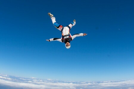 clouds, headdown, helmet, Parachute, parachuting, skydivers, the freefly, The moon