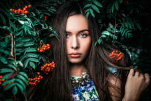 berries, girl, portrait, Rowan, sponge, the beauty