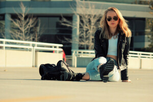 sac, visage, fille, des lunettes, veste, jeans, séance