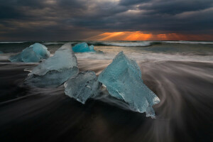 la glace, Islande, lumière, Des rayons, Le ciel