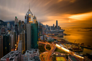 China, extracto, Hong Kong, Puerto, la noche, el cielo