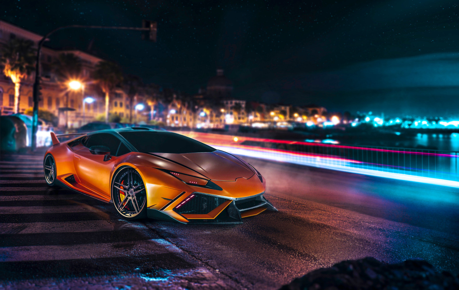 Lamborghini, supercar, night, orange, Huracan, Front, DMC, customs