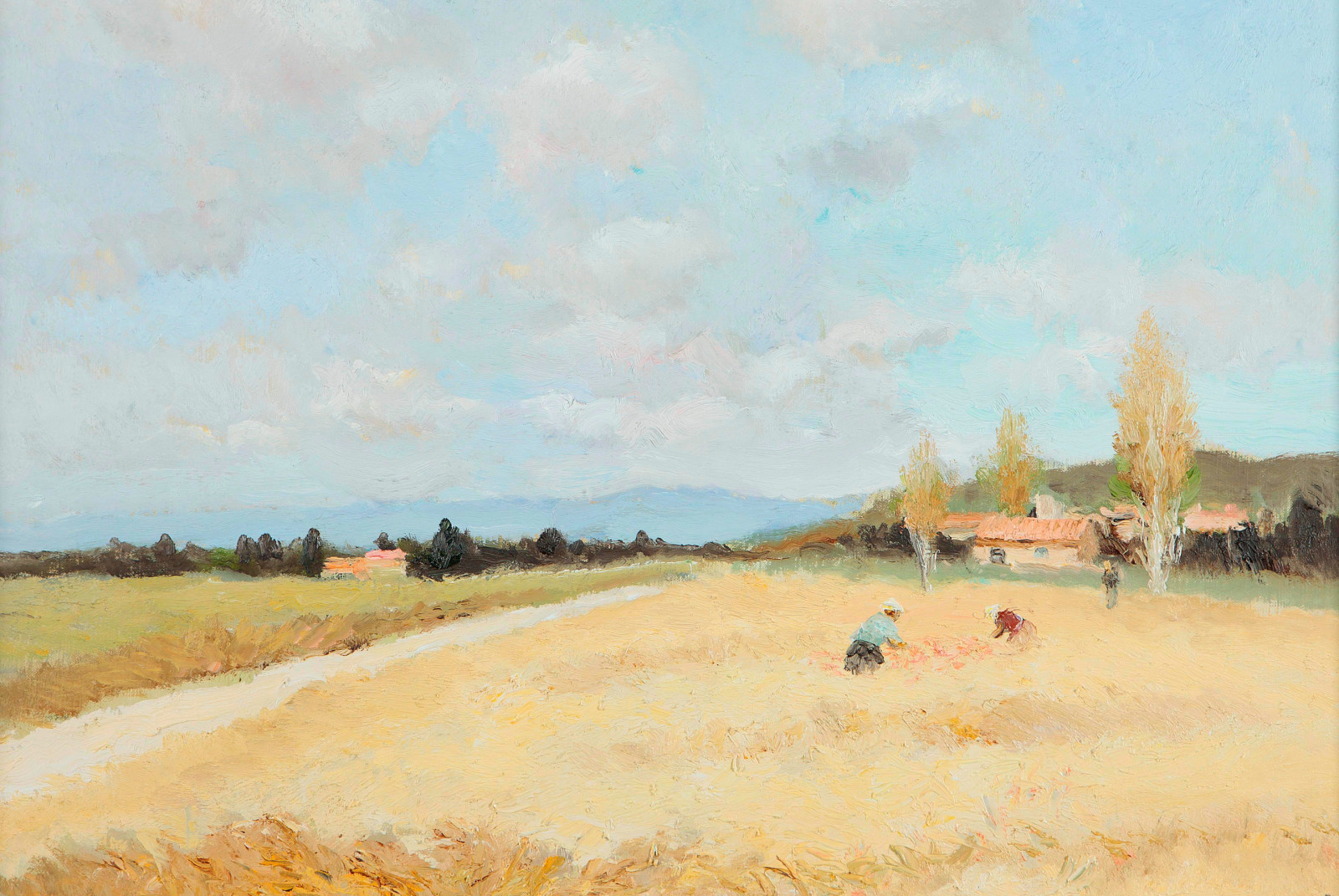 house, landscape, picture, mountains, harvest, Figures in the field