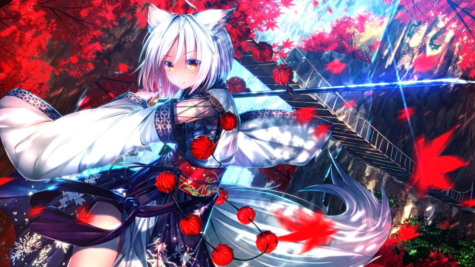 fille, art, anime, Projet Touhou, oreilles, sabre