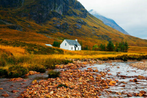 clouds, home, mountains, river