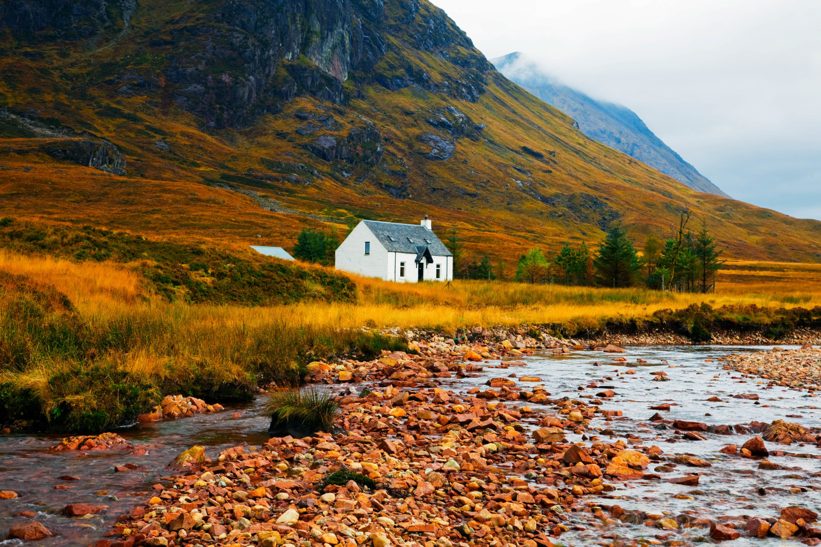 river, clouds, mountains, home