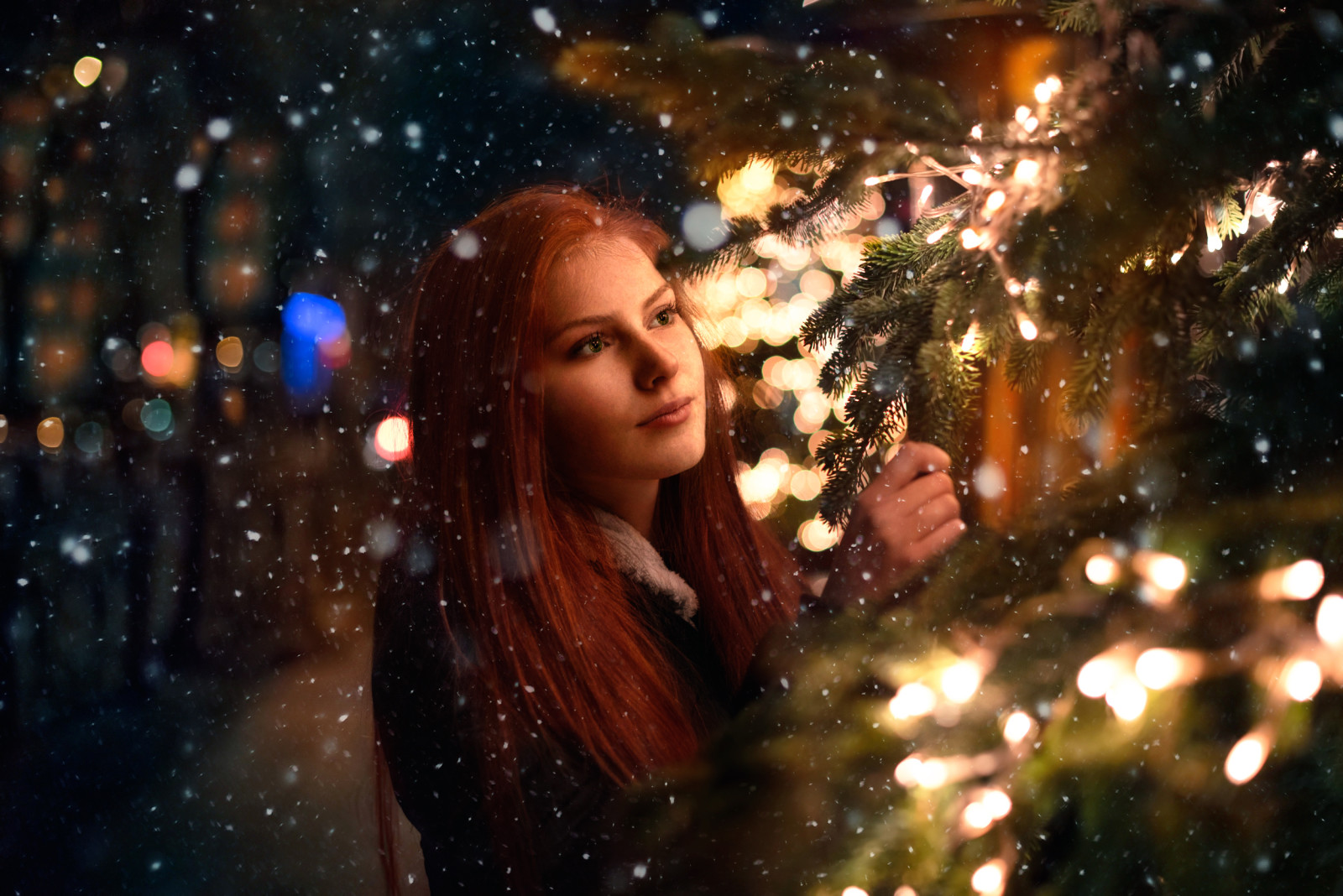 snow, tree, girl, lights