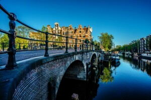 Amsterdam, Ponte, construção, canal, casa, Países Baixos