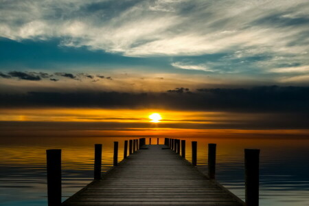 Bridge, sea, sunset