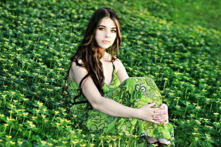 field, flowers, girl, nature, summer