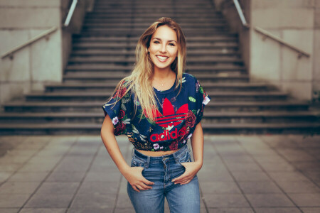 gracinha, face, menina, cabelo, jeans, modelo, sorrir, rua